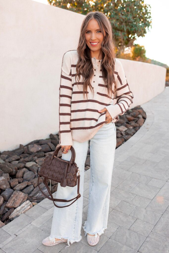 Sweet Espresso Stripe Ribbed Henley Slouchy Sweater