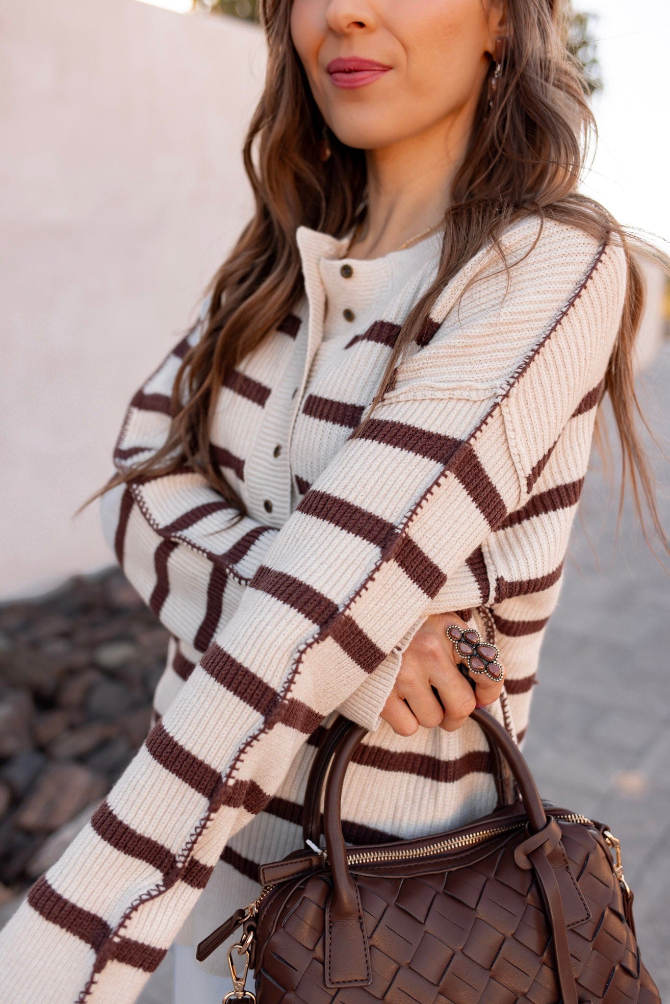 Sweet Espresso Stripe Ribbed Henley Slouchy Sweater