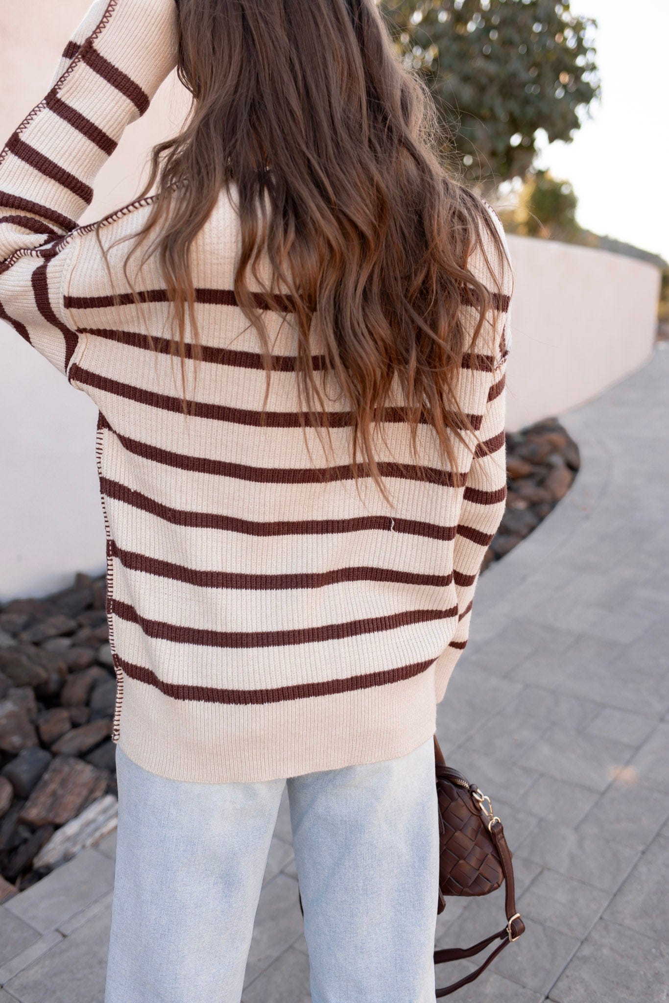 Sweet Espresso Stripe Ribbed Henley Slouchy Sweater