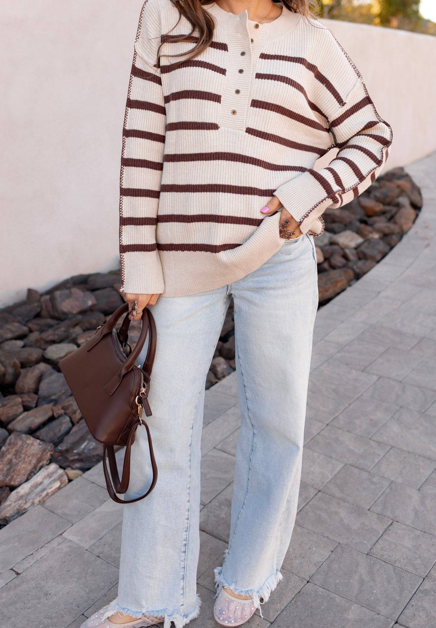 Sweet Espresso Stripe Ribbed Henley Slouchy Sweater