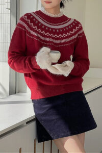 Fair Isle Pattern Loose Crew Neck Color Block Minimalist Sweater