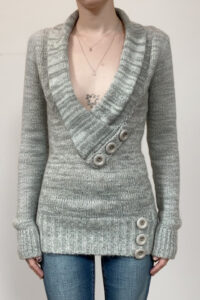 Vintage Paneled Asym V Neck Button Solid Sweater