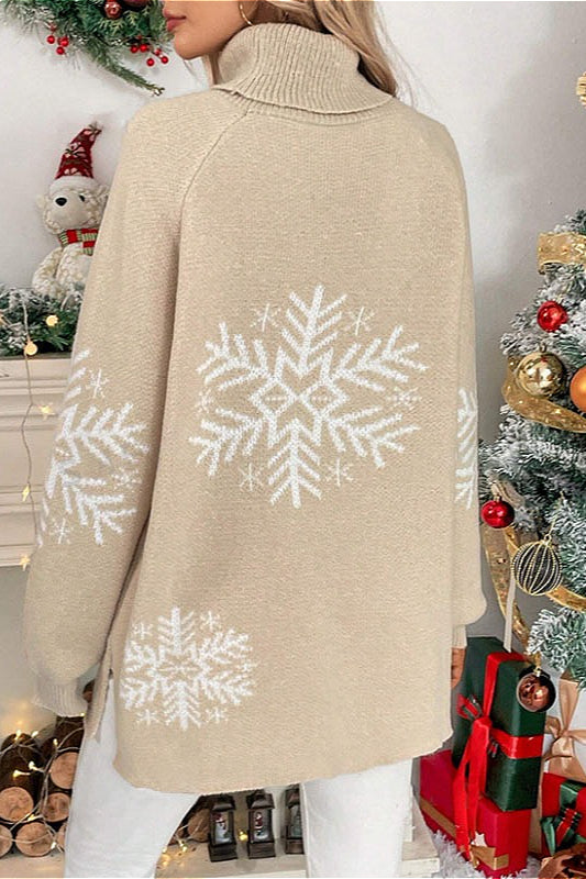 Solid Color Turtleneck Snowflake Print Sweater