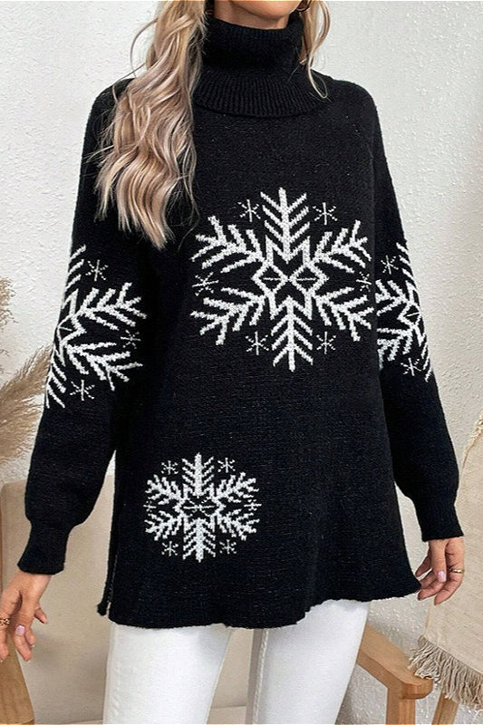 Solid Color Turtleneck Snowflake Print Sweater