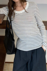 Wool Striped Round Neck Knit Top