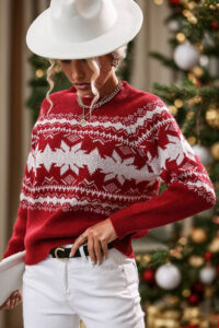 Color Block Crew Neck Snowflake Sweater