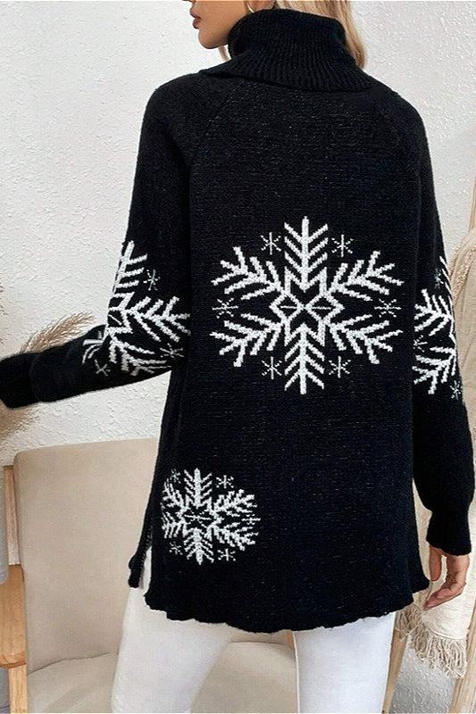 Solid Color Turtleneck Snowflake Print Sweater