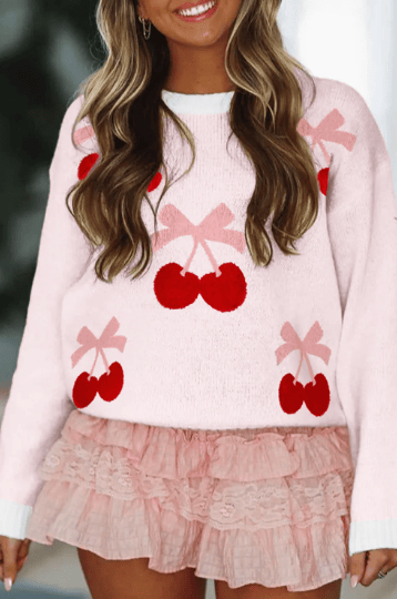 Cherry Pattern Drop Shoulder Sweater
