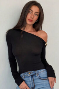 Asymmetric Neckline Metal Button Knit Top