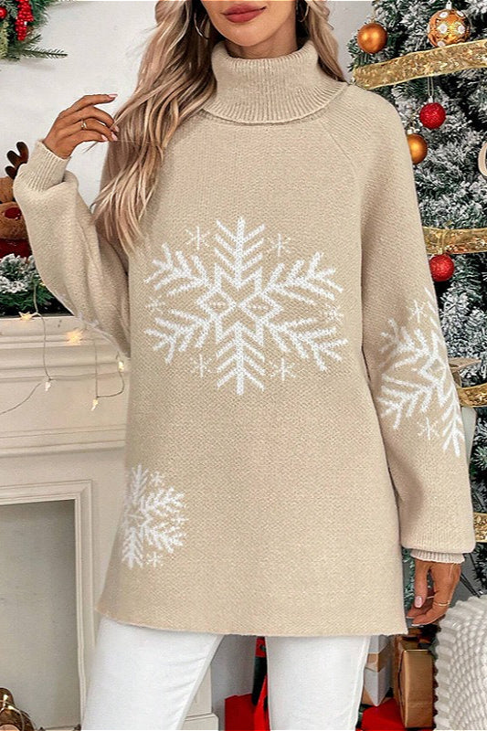 Solid Color Turtleneck Snowflake Print Sweater